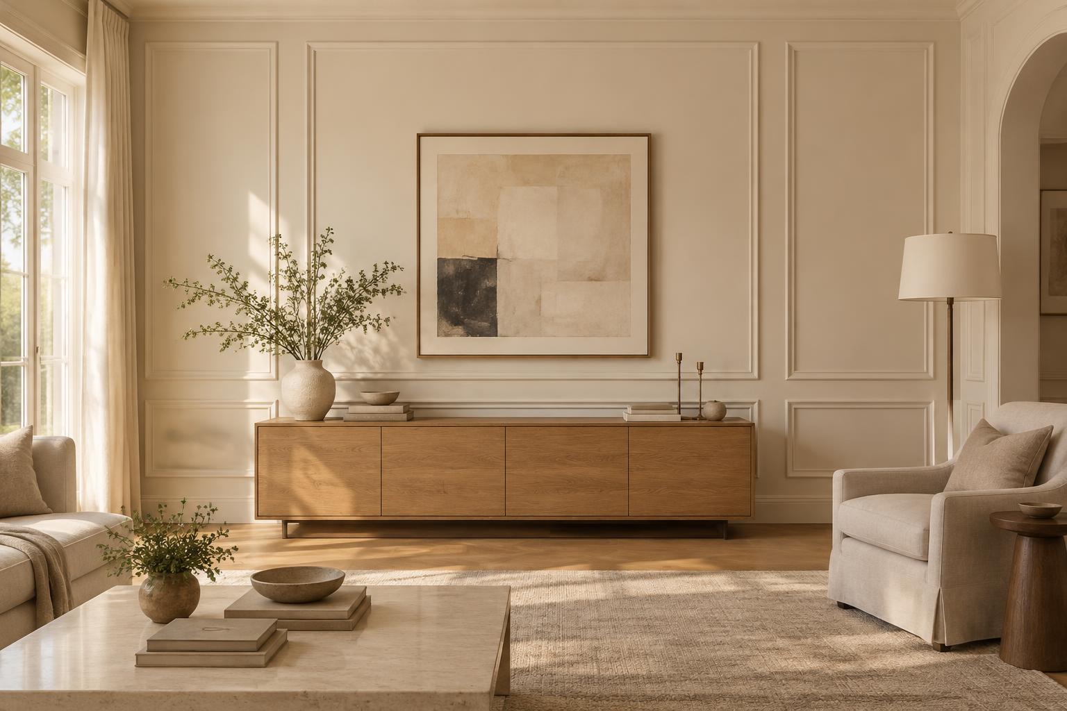 Warm living room with elegant picture-frame wall molding and an oak console